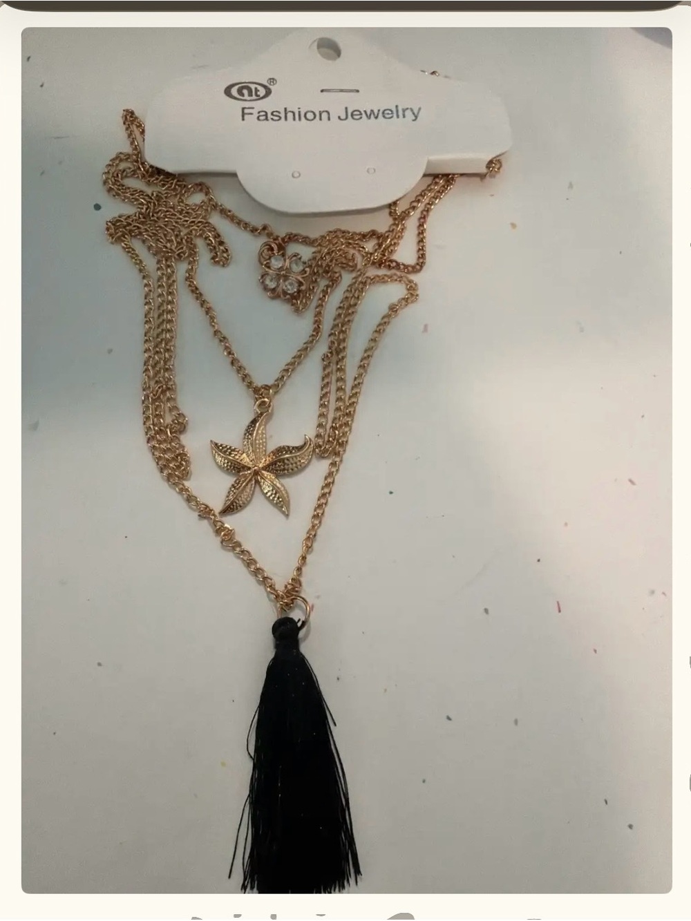 Fashion Jewelry Gold Layered Starfish Necklace with Black Tassel Accent